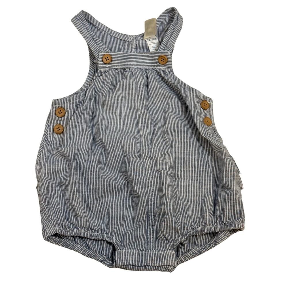 OshKosh Girl Denim Bubble Romper Shortalls Engineer Stripe Ruffle 12-18 Months